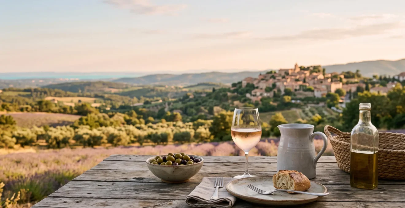Scene provencale au coucher du soleil melant nature, gastronomie et art de vivre, symbolisant les differents profils de voyageurs en PACA