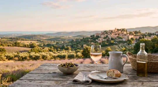 Scene provencale au coucher du soleil melant nature, gastronomie et art de vivre, symbolisant les differents profils de voyageurs en PACA