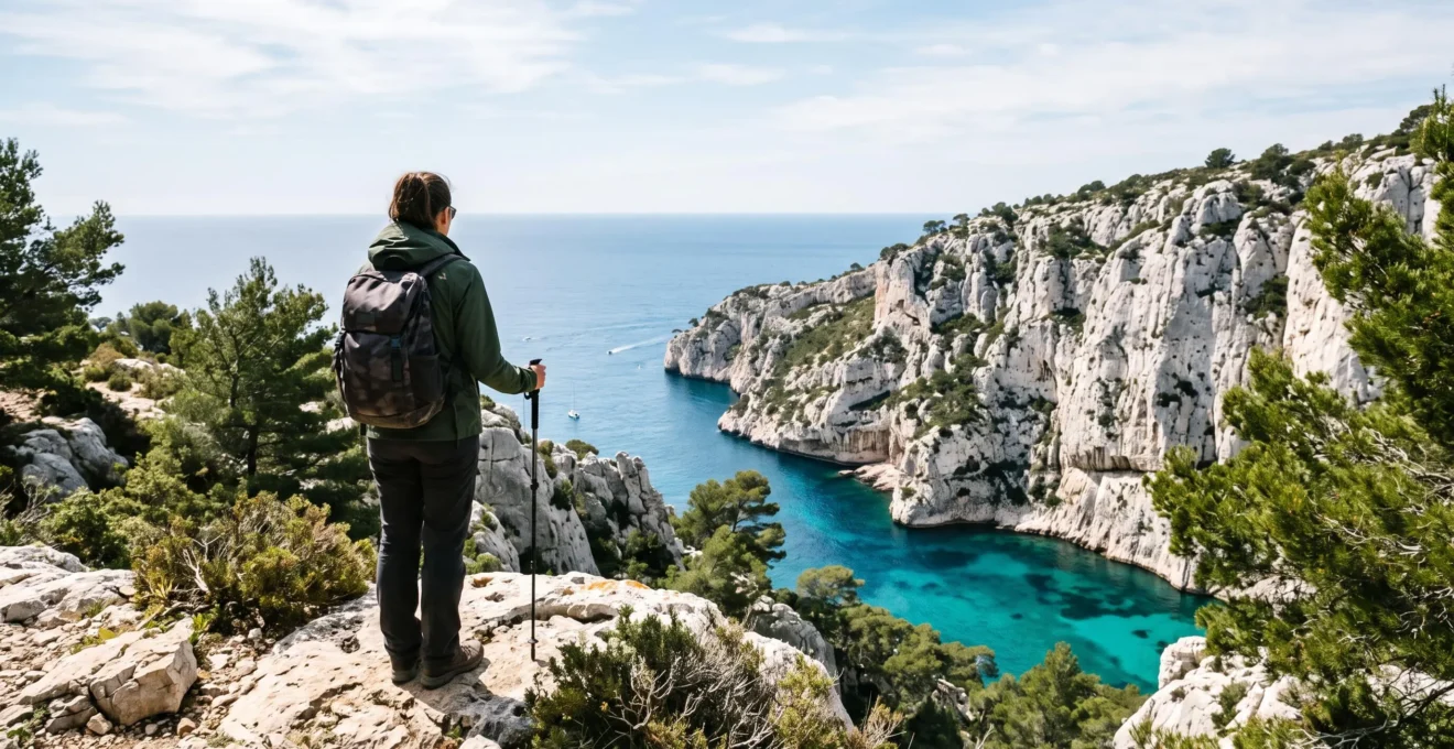 Randonneur contemplant les falaises calcaires blanches des Calanques surplombant la mer turquoise en Provence