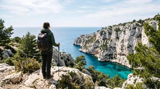 Randonneur contemplant les falaises calcaires blanches des Calanques surplombant la mer turquoise en Provence