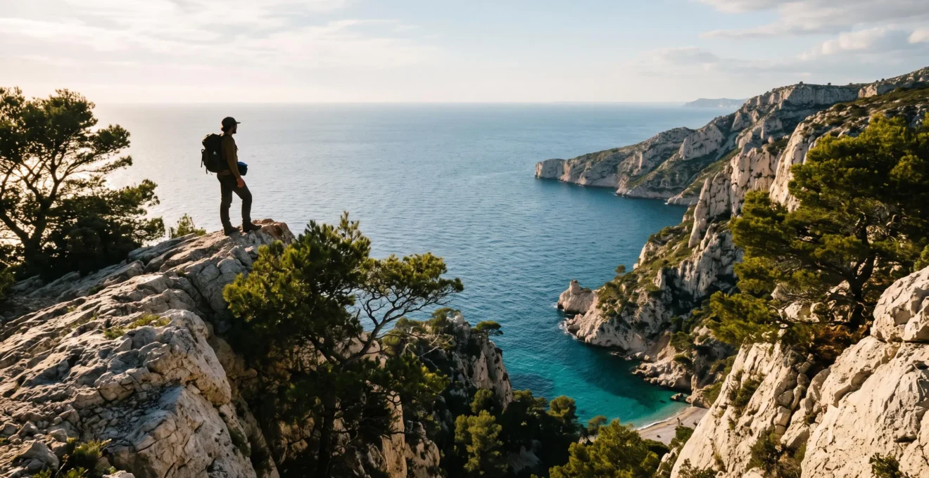 Randonneur solitaire sur une crête calcaire surplombant une calanque turquoise en Provence