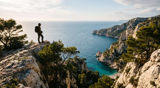 Randonneur solitaire sur une crête calcaire surplombant une calanque turquoise en Provence