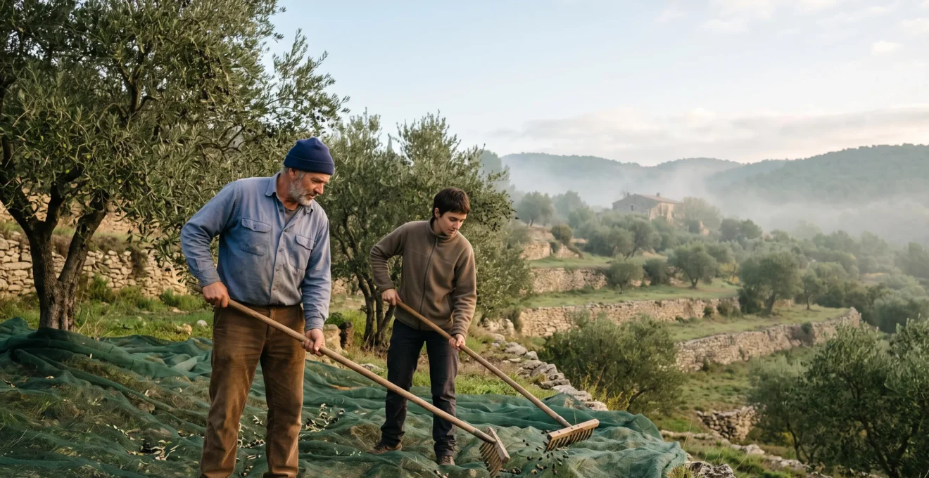 Un visiteur aide un agriculteur provençal lors d'une journée de récolte dans une oliveraie en terrasse, sous la lumière dorée du matin