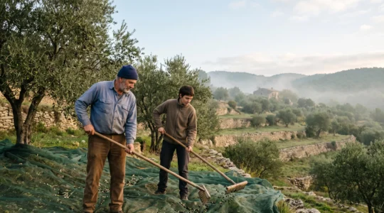 Un visiteur aide un agriculteur provençal lors d'une journée de récolte dans une oliveraie en terrasse, sous la lumière dorée du matin