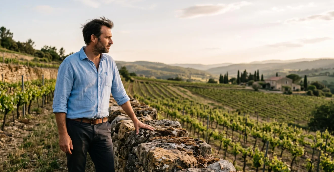 Un ancien cadre urbain contemplant un vignoble provençal en terrasses au lever du soleil, symbole d'une reconversion de vie