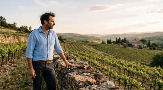 Un ancien cadre urbain contemplant un vignoble provençal en terrasses au lever du soleil, symbole d'une reconversion de vie