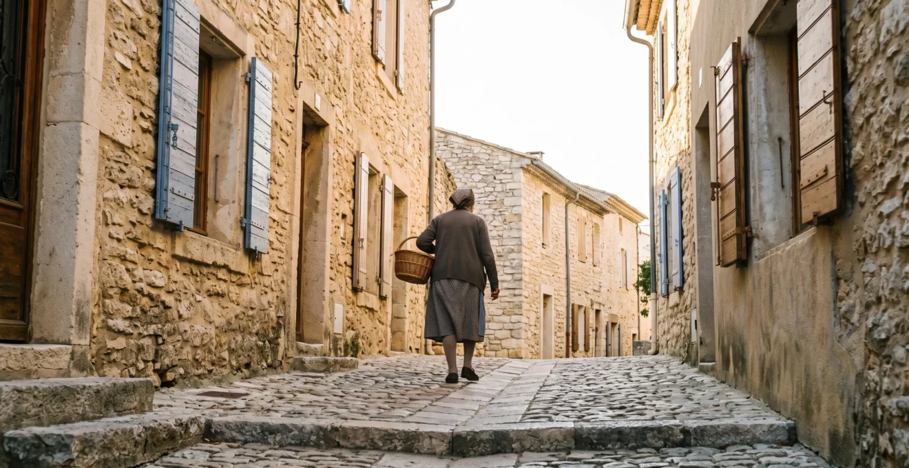 Ruelle en pierre d'un village perché authentique de l'arrière-pays de PACA au lever du jour, loin des foules touristiques