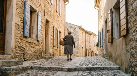 Ruelle en pierre d'un village perché authentique de l'arrière-pays de PACA au lever du jour, loin des foules touristiques