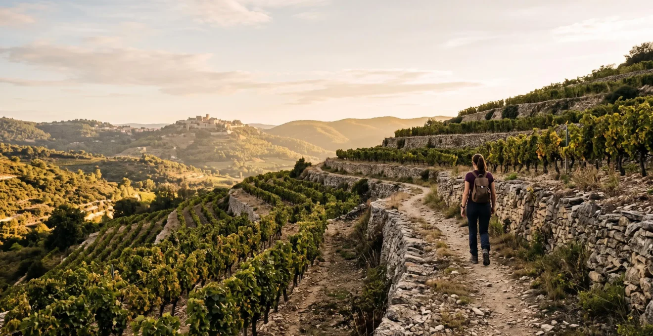 Sentier de randonnee serpentant entre des rangs de vigne en restanques sur une colline provencale au coucher du soleil