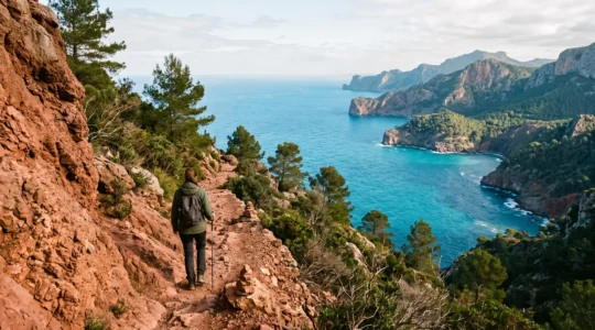 Randonneur avançant prudemment sur un sentier de roche rouge friable du massif de l'Estérel, avec la Méditerranée bleue en arrière-plan