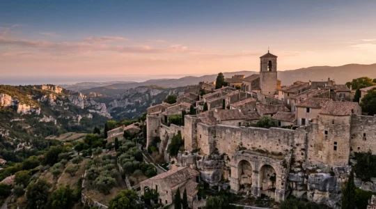 Vue panoramique d'un village perché provençal mêlant vestiges romains et architecture médiévale au coucher du soleil