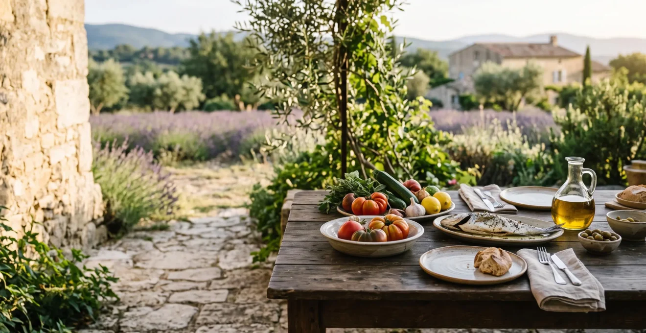 Table dressée en pleine nature provençale avec des produits bruts et locaux, symbolisant l'authenticité d'un restaurant de terroir en PACA