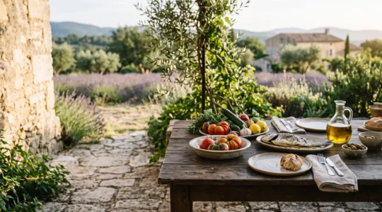 Table dressée en pleine nature provençale avec des produits bruts et locaux, symbolisant l'authenticité d'un restaurant de terroir en PACA