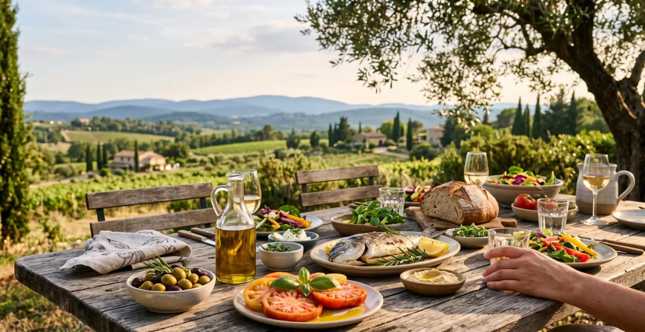 Table dressée en plein air en Provence avec des plats méditerranéens colorés, huile d'olive et légumes frais sous la lumière du soleil