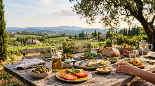 Table dressée en plein air en Provence avec des plats méditerranéens colorés, huile d'olive et légumes frais sous la lumière du soleil
