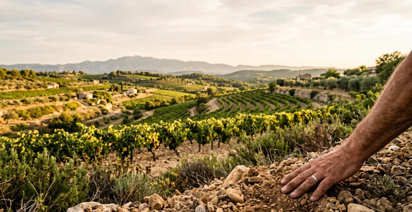 Vue panoramique d'un vignoble provençal en terrasses avec un sol calcaire et argileux au pied d'un massif rocheux