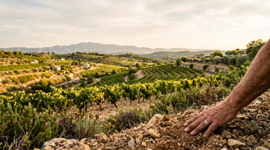 Vue panoramique d'un vignoble provençal en terrasses avec un sol calcaire et argileux au pied d'un massif rocheux