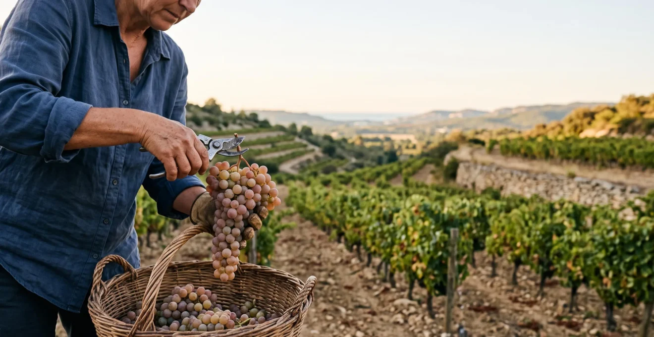 Vendangeur récoltant à la main des grappes de raisin dans un vignoble en terrasses de Provence baigné de lumière dorée