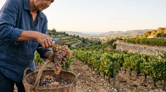 Vendangeur récoltant à la main des grappes de raisin dans un vignoble en terrasses de Provence baigné de lumière dorée