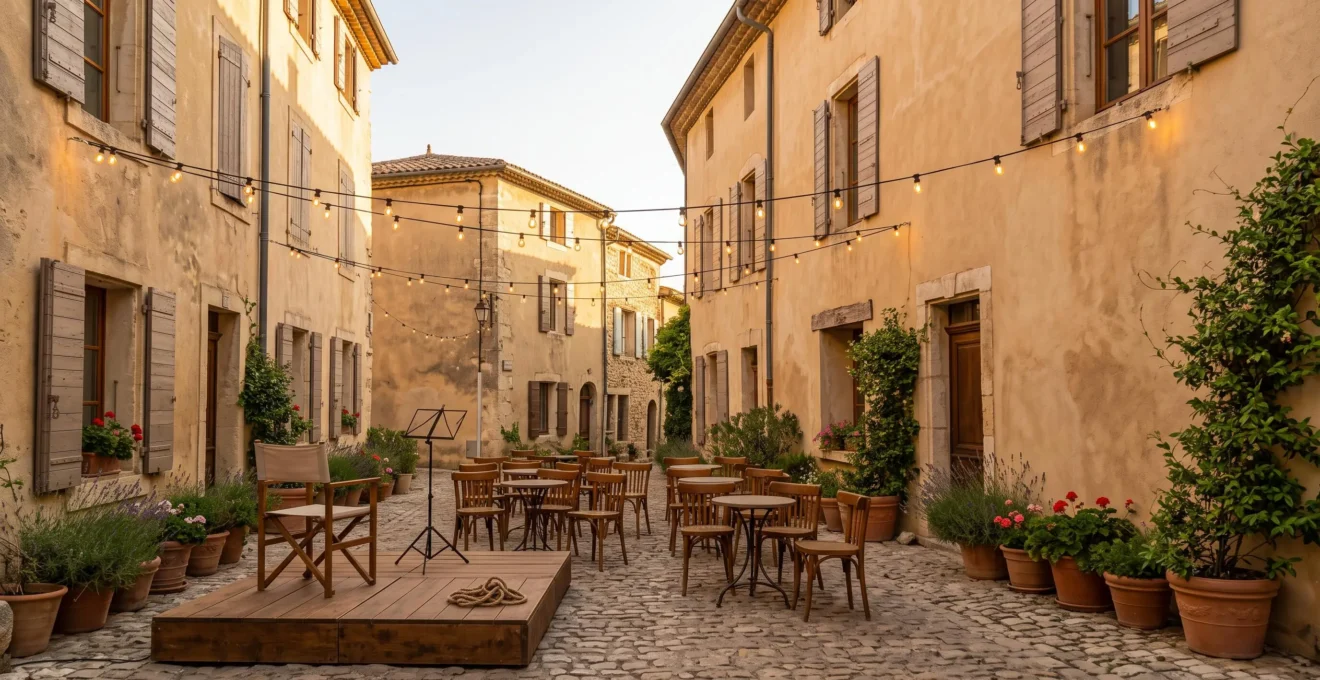 Scène d'ambiance culturelle animée en Provence, mêlant architecture méditerranéenne et effervescence artistique en extérieur
