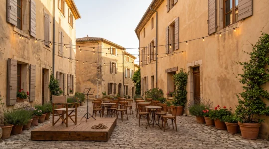 Scène d'ambiance culturelle animée en Provence, mêlant architecture méditerranéenne et effervescence artistique en extérieur