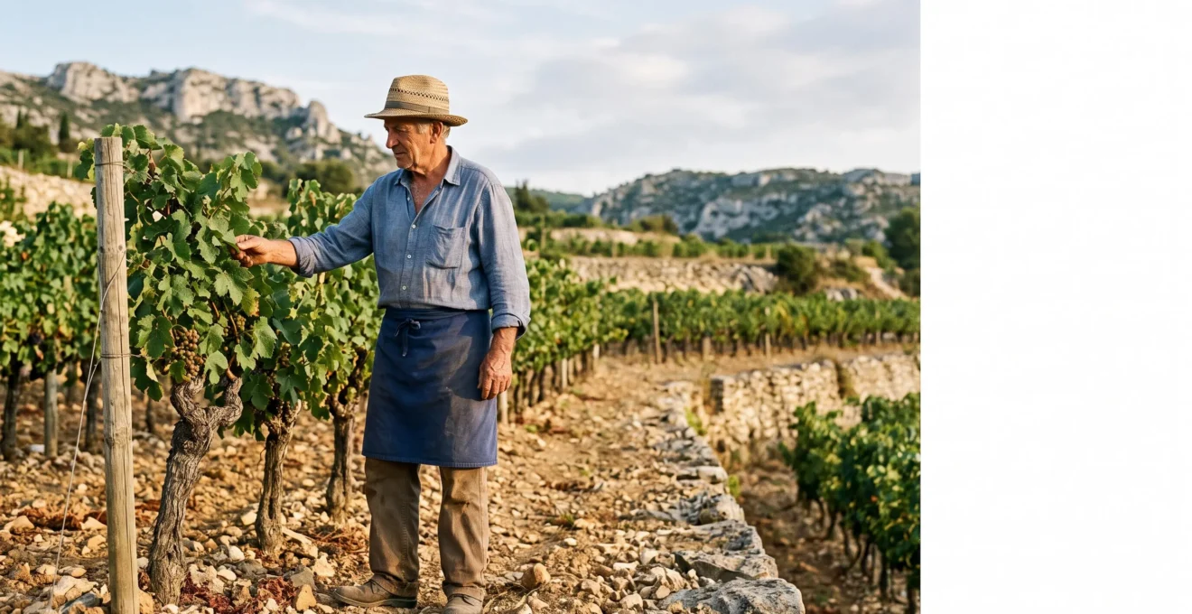 Vigneron provençal observant ses ceps de vigne au lever du soleil dans un vignoble en restanques