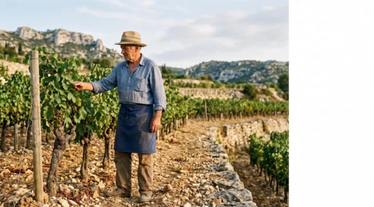 Vigneron provençal observant ses ceps de vigne au lever du soleil dans un vignoble en restanques