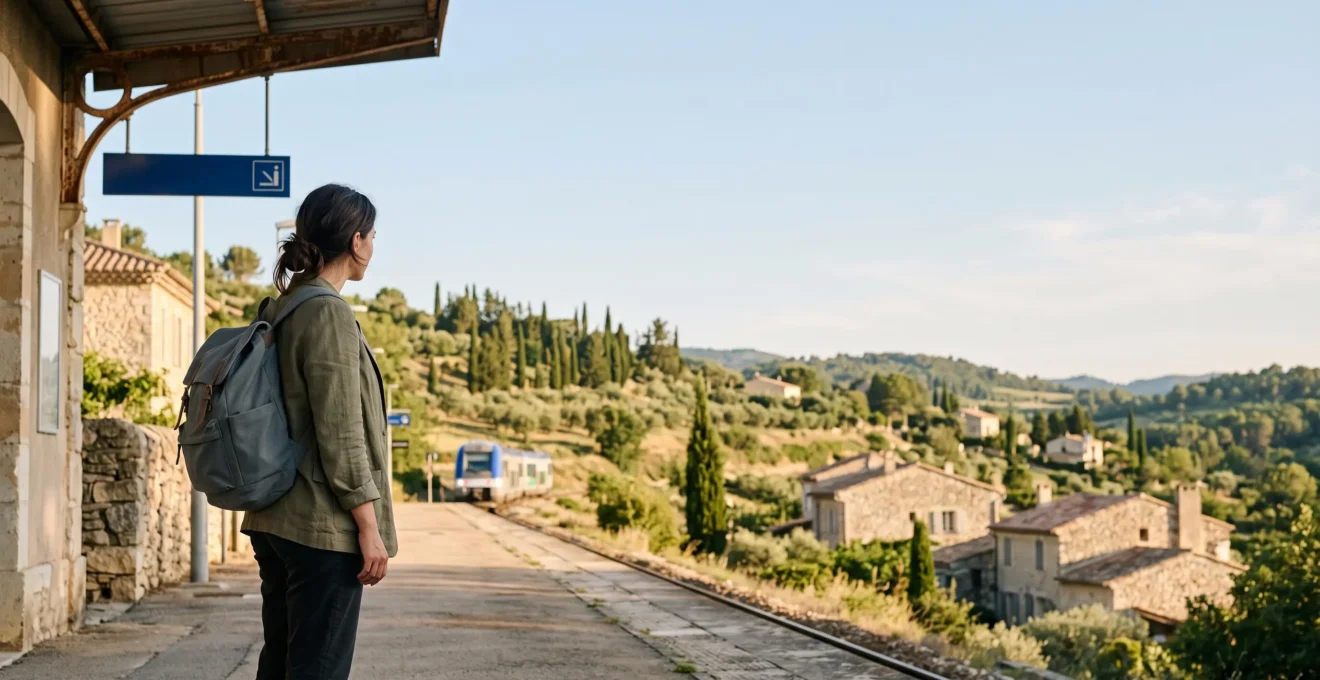 Voyageur attendant sur un quai de gare régionale en Provence-Alpes-Côte d'Azur, avec vue sur les collines méditerranéennes en arrière-plan