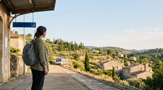 Voyageur attendant sur un quai de gare régionale en Provence-Alpes-Côte d'Azur, avec vue sur les collines méditerranéennes en arrière-plan