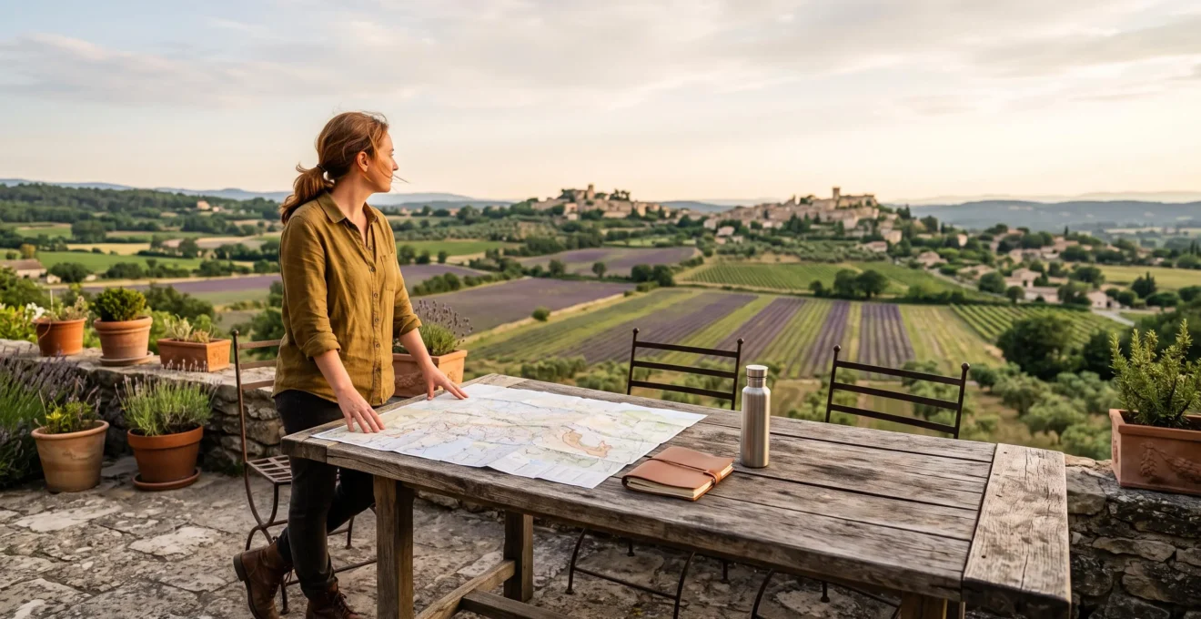 Voyageur consultant une carte routiere sur une table en bois face a un paysage provencal au coucher du soleil, symbole d'un sejour construit sans agence
