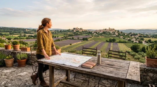 Voyageur consultant une carte routiere sur une table en bois face a un paysage provencal au coucher du soleil, symbole d'un sejour construit sans agence