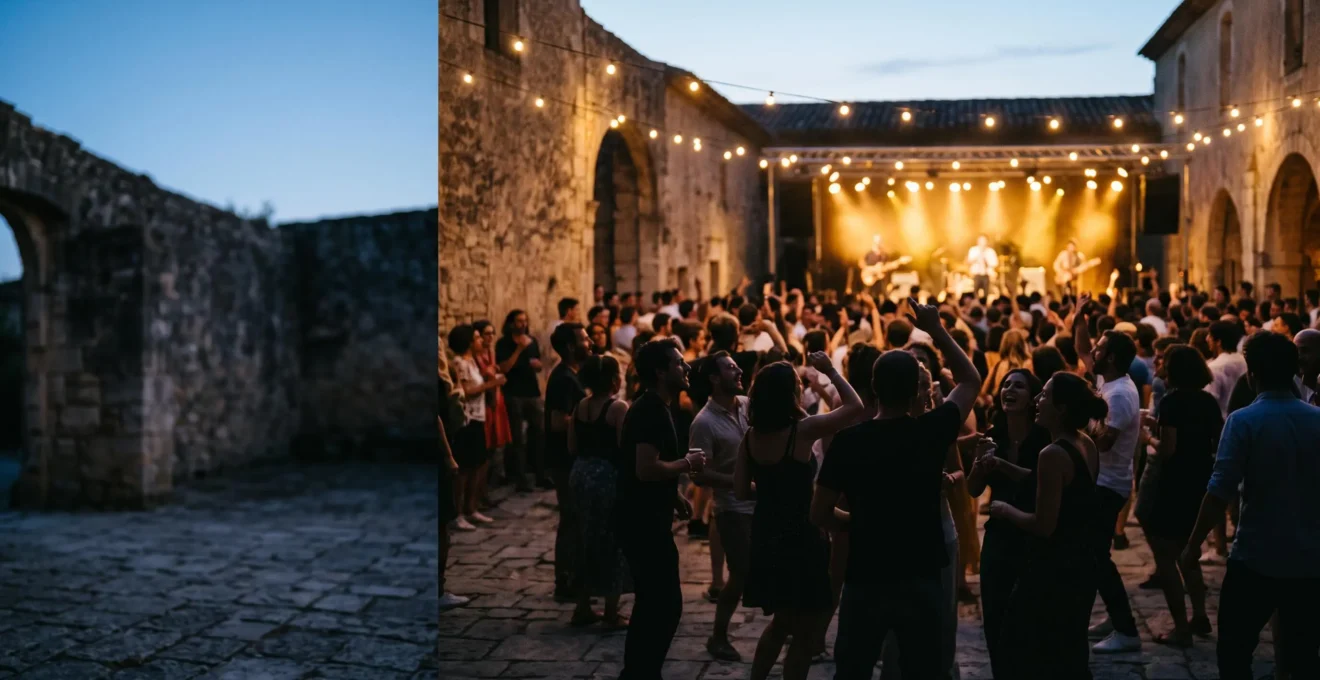 Voyageur profitant d'une soirée de festival en plein air dans un decor provencal illumine au crepuscule