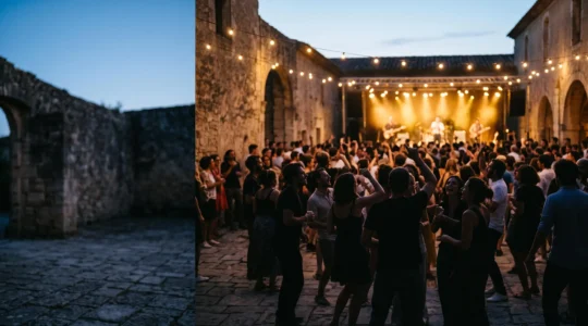 Voyageur profitant d'une soirée de festival en plein air dans un decor provencal illumine au crepuscule