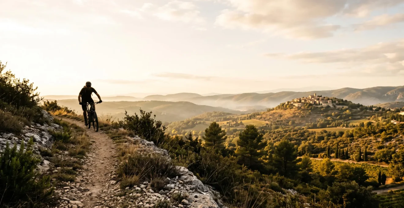 Vététiste roulant sur un sentier de crête provençal au lever du soleil avec vue sur les collines et un village perché en arrière-plan