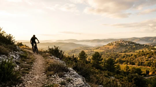 Vététiste roulant sur un sentier de crête provençal au lever du soleil avec vue sur les collines et un village perché en arrière-plan