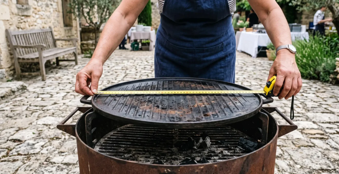 Des mains mesurent le diamètre de la plaque de cuisson d'un brasero de location.
